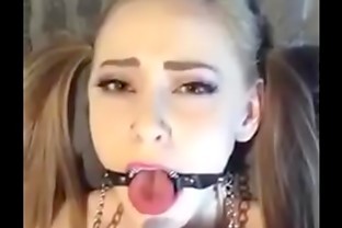 Sexy blonde getting cum in her mouth while using a ball gag